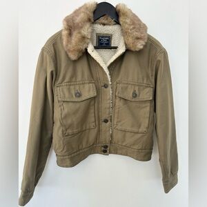 Abercrombie Sherpa Lined Jacket Faux Fur Collar Tan Utility Coat M Y2K